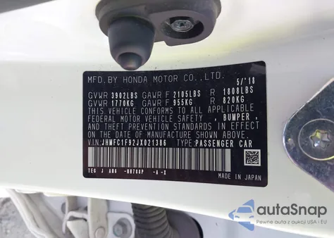 2018 Honda Civic Touring from USA, damaged, VIN JHMFC1F92JX021386